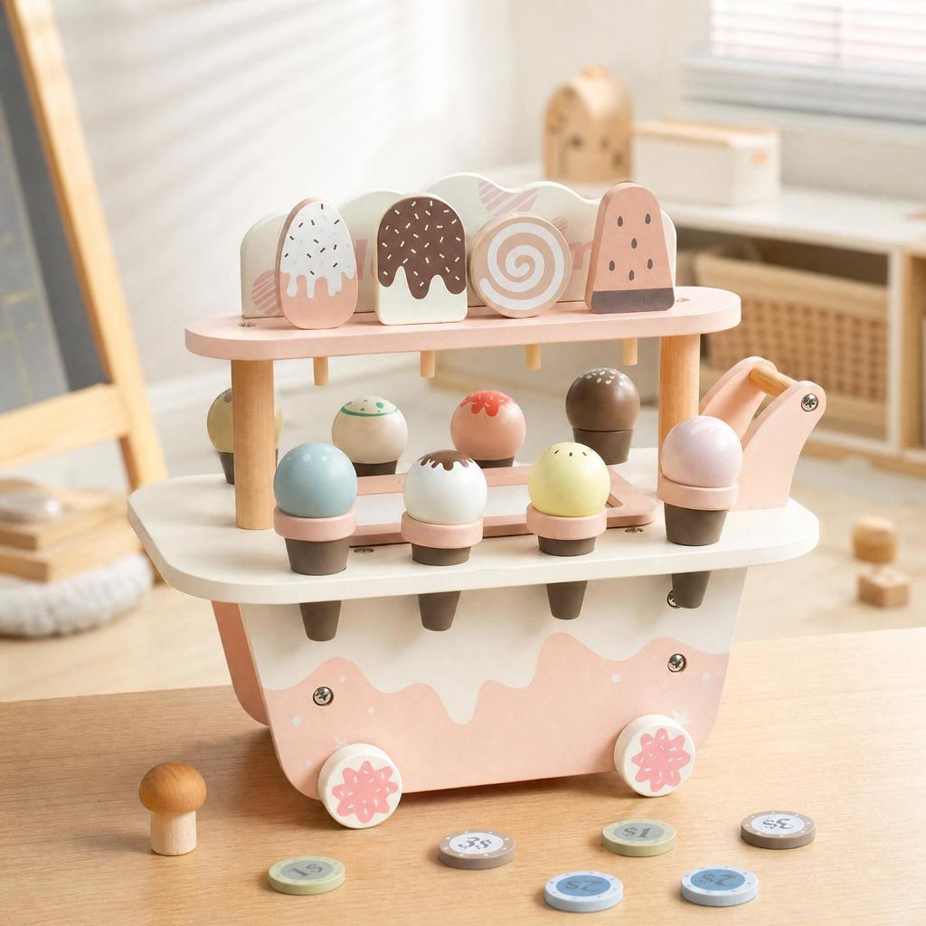 Wooden Ice Cream Cart Pastel Young Child for Playroom