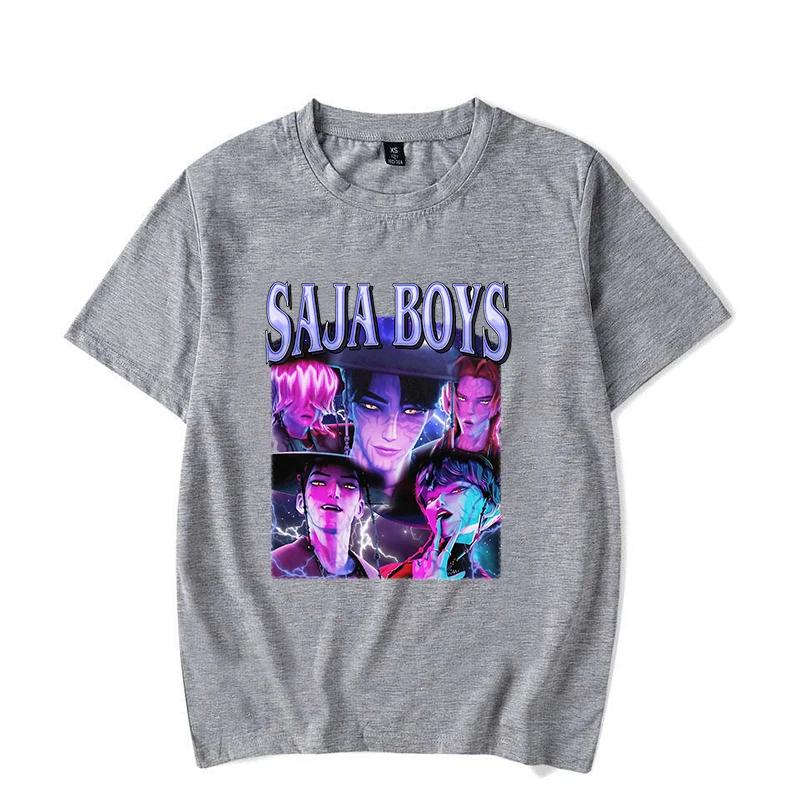 Fashionable men, popular anime Kpop Devil Hunter Saja boy pattern printed pure cotton short-sleeved T-shirt, loose Harajuku top