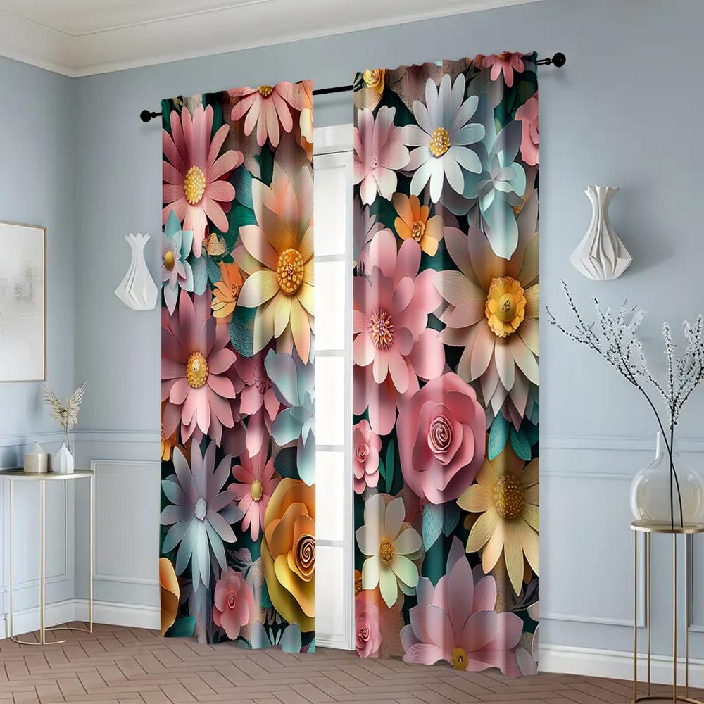 2pcs, Curtains&Drapes 2D Print Beautiful Purple and Pink Flowers Fabric (without Rod) Thermal Insulation, and Room Darkening