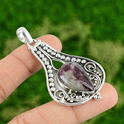 925 Sterling Silver Pear Natural Eudialyte Mother Bezel Art Deco Elegant Pendant