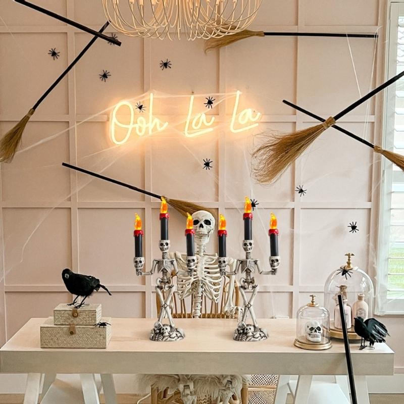 Skull Candelabra Halloween Decoration Skeleton Candlestick with Flameless Candle LED Light for Mantels Tabletop Porch