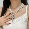 Retro Crystal Crosses Pendant Necklace Featuring Multilayer Faux Pearls Clavicle Chain For Elegant Jewelry Collection