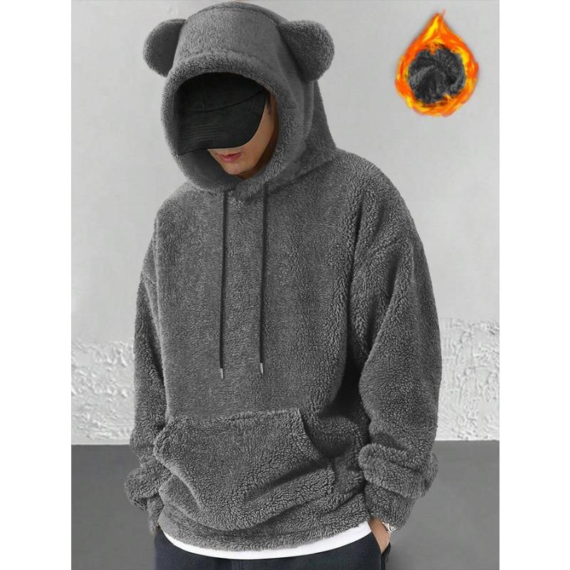 Plus Size Hooded Long Sleeve Casual Mens Coral Fleece Pullover Sweatshirt