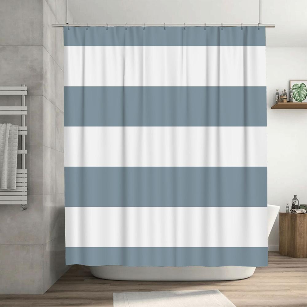 Modern Striped Shower Curtain Blue White Bath Decor for Home Bathroom Water-Resistant Fabric Easy Hanging Rod Set Included (Whit