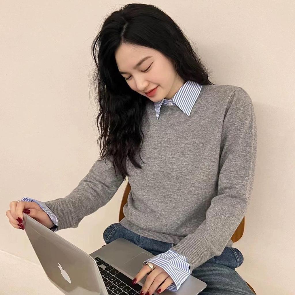 100% Pure Wool Fake Two-Piece Knit Sweater with Shirt Collar - Loose Fit, Patchwork Style for Spring 2024