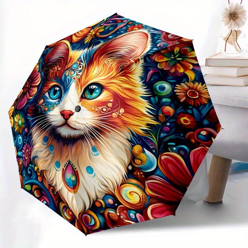 1pc Floral Cat Automatic Folding Umbrella, 8-Rib Sturdy Canopy, Portable Travel Umbrella for Outdoor Use