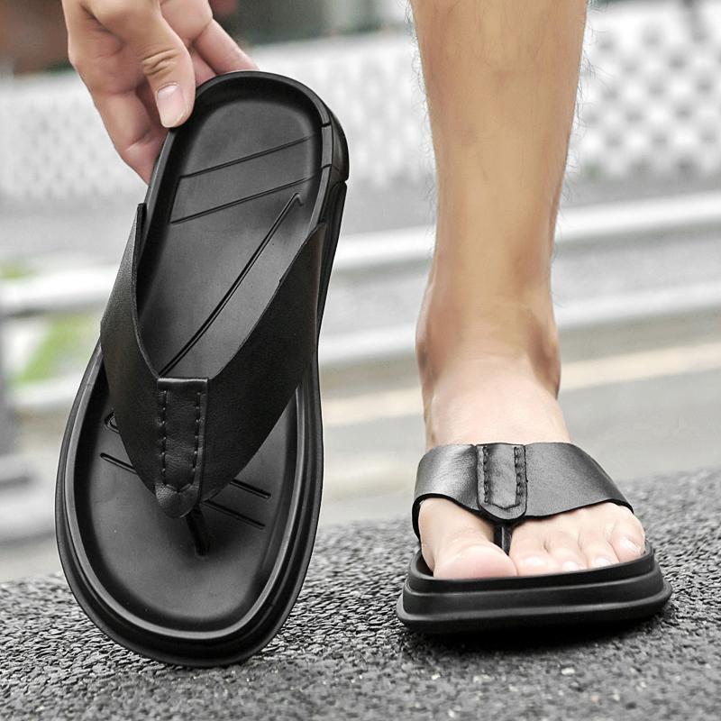 Fashion Stylish Non-Slip Real Leather Men Slippers Simple Sandals Lightweight Man Half Drag Quick Dry Men Flip Flops Outdoor Beach Shoes