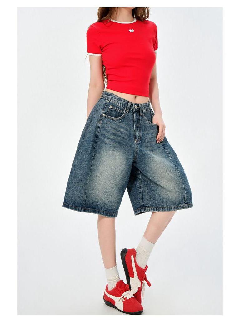 Women's High-Waist Relaxed Denim Shorts - American Retro Style