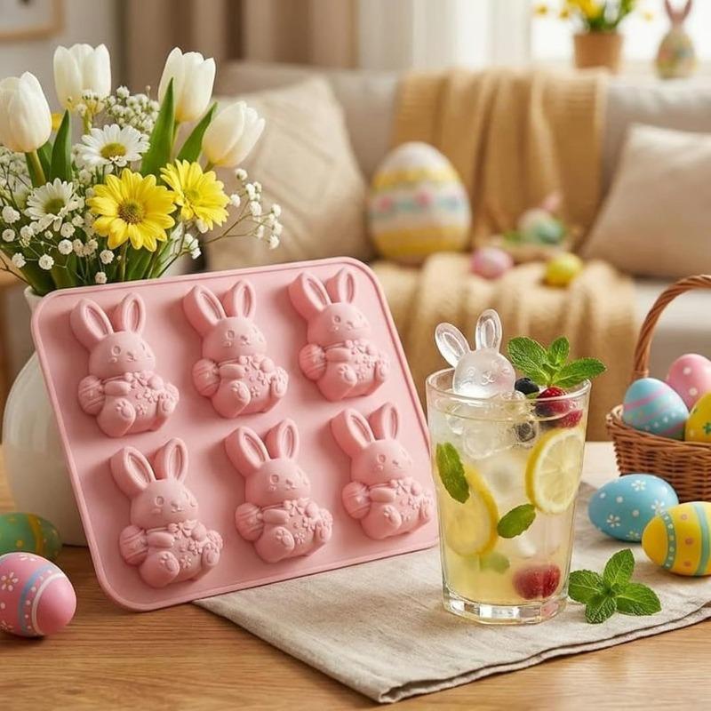 1/2Pcs Easter Bunny Silicone Mould, 6-Cavity 3D Ice Rabbits Cube & Dessert Tray, Flexible Baking Mould for Chocolates, Candies & Jelly