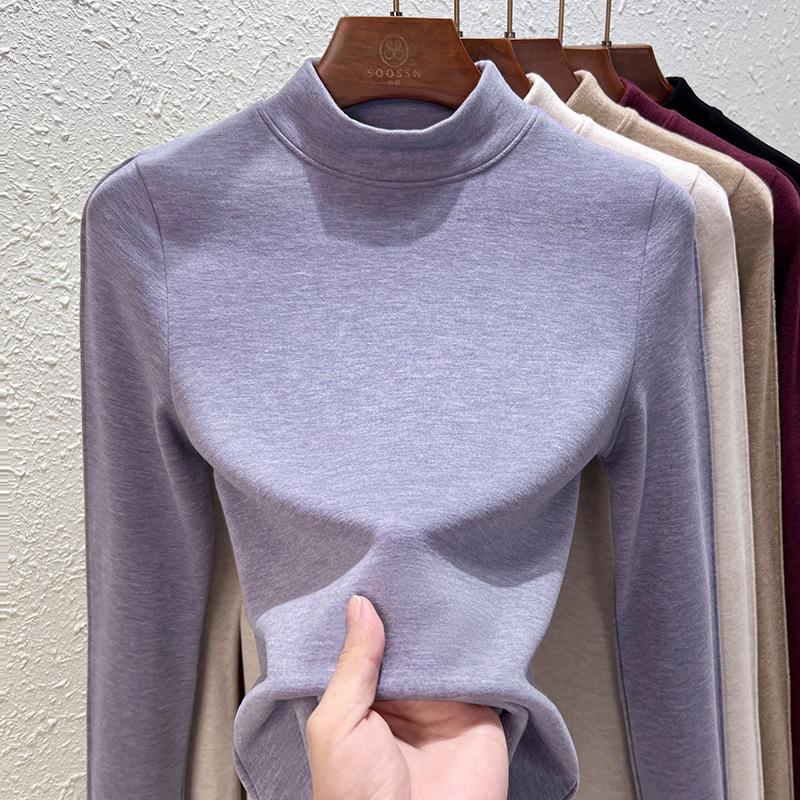 German Velvet Cashmere Semi-turtleneck Bottoming Shirt Women's Black Technology Thermal Clothing Autumn and Winter Thick with Velvet Black Top