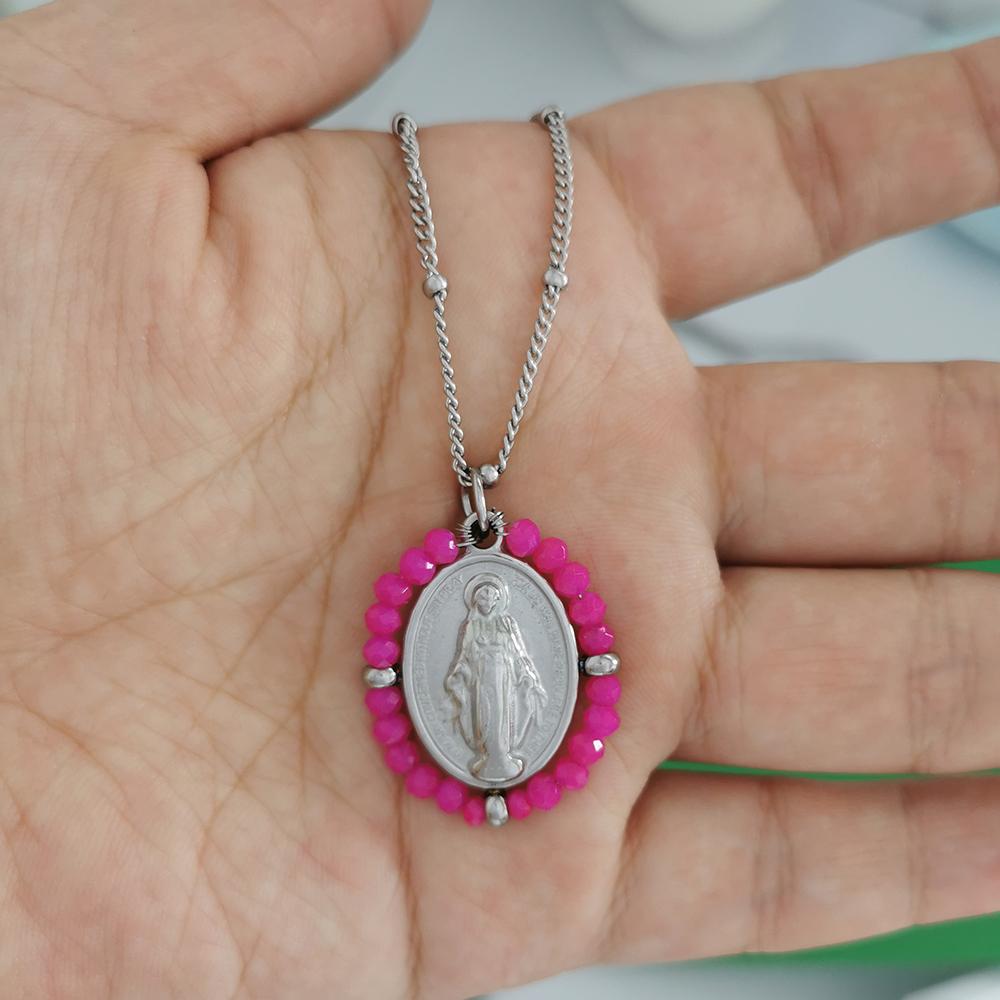 QMHJE Virgin Mary Stainless Steel Pendant Necklace Women Choker Beads Chain Oval Round Charm Gold Color Jewelry White Black