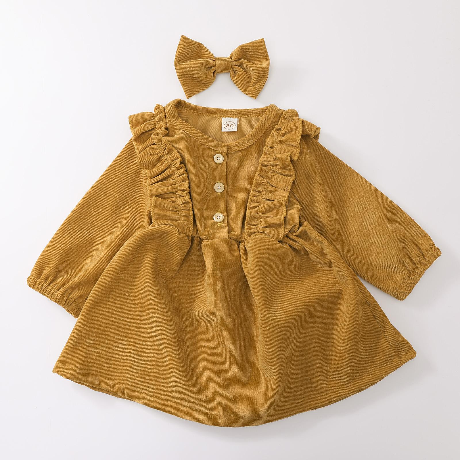 

Платье для маленьких девочек, миди с высокой талией, круглый воротник с длинными рукавами, рюшами и пуговицами, плиссированная осенняя юбка принцессы, повязка на голову 12-18 Months жёлтый