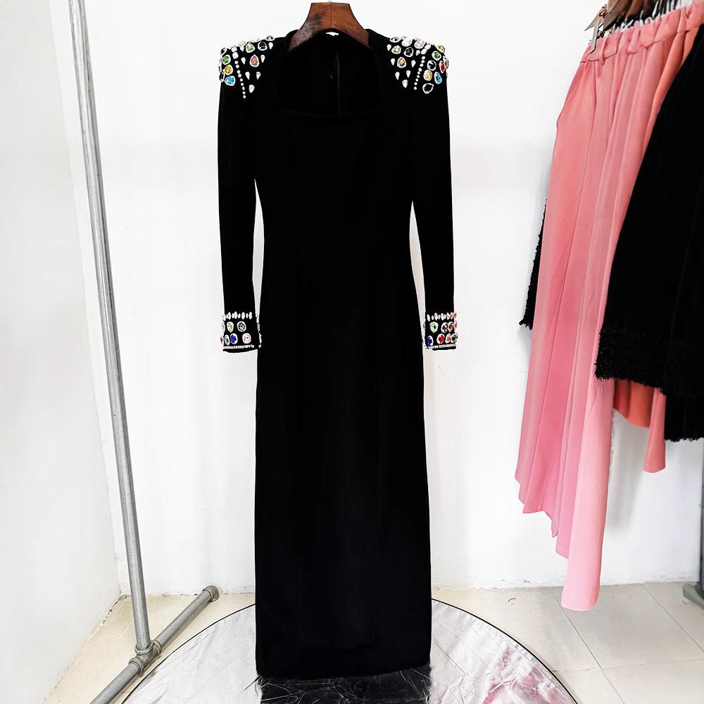 2025 Celebrity Style Long Sleeve Gemstone Rhinestone Formal Gown