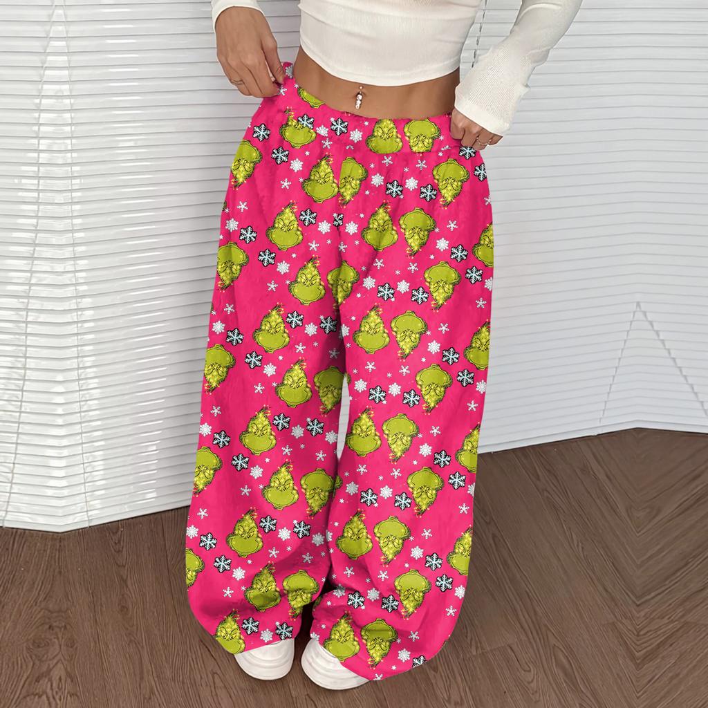Women's Casual Christmas Print Elastic Waist Loose Fit With Plush Wide Leg Pants