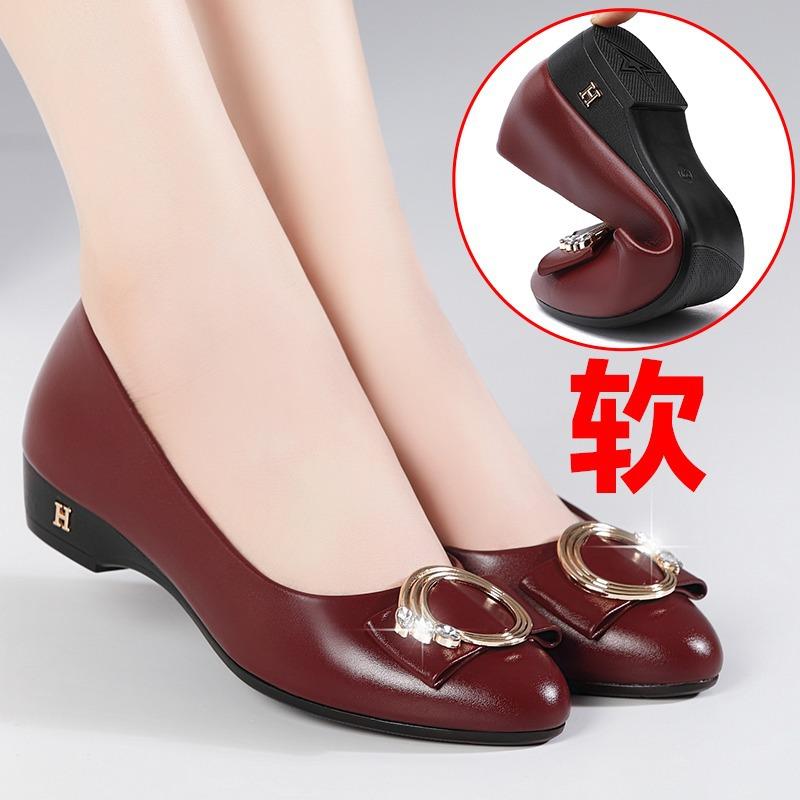 2025 Spring And Autumn Mid-heel Single Shoes Women's Middle-aged Women's High-heeled Soft-soled Leather Shoes For Mothers