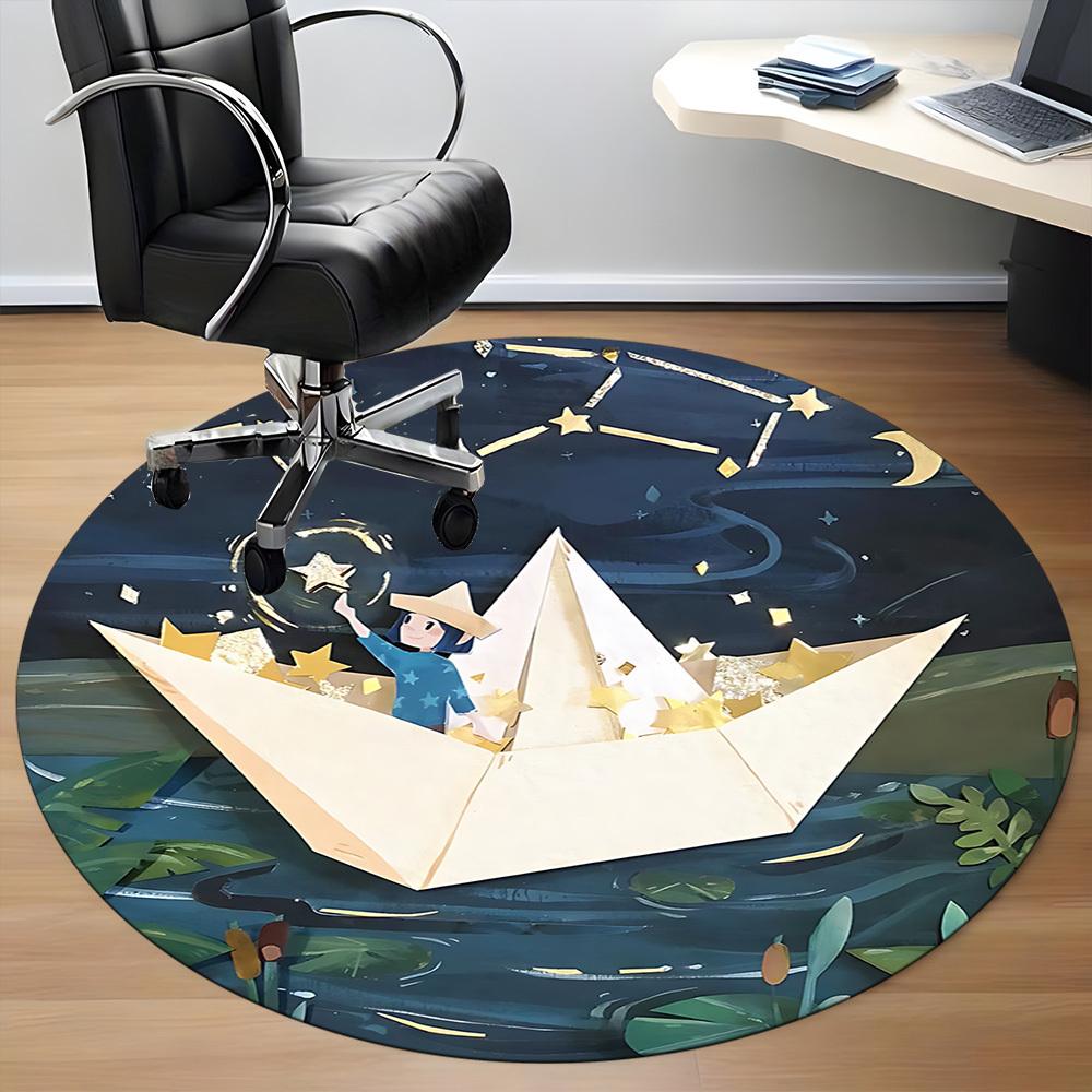 1pc Paper Boat Night Office Round Area Rug, Indoor Mat Suitable For Office, Under Office Chairs Bedroom Living Room Home Decor, Room Deco