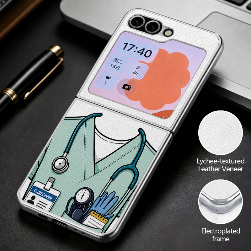 Cute Nurse Uniform Print Case For Samsung Z Flip 8 7 6 5 Luxury Plating Leather Skin Folding Phone Cover For Galaxy Z Flip8 Flip7 Flip6