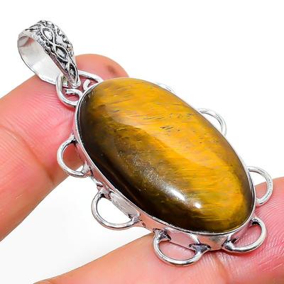 Natural Tiger Eye Gemstone Handmade 925 Sterling Silver Pendant 2.13" M2u71