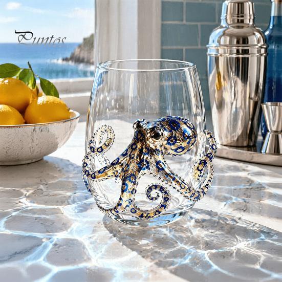Handgefertigtes Künstlerisches Glasware Oktopus Glasbecher, 350ml Stielloses Weinglas, Wal Delfin Schildkröte Lebendiges Tentakel Design Becher Meeresbewohner Trinken