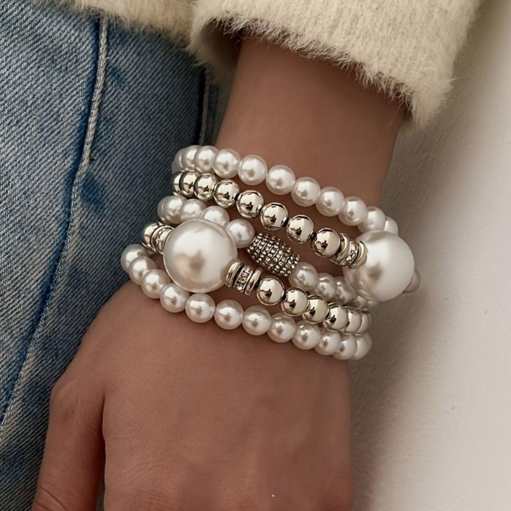 Wire Drawing Pearl Bracelet Pearl Beaded Exaggerated Bracelet Fashion Silver Metal Bracelet  Simple