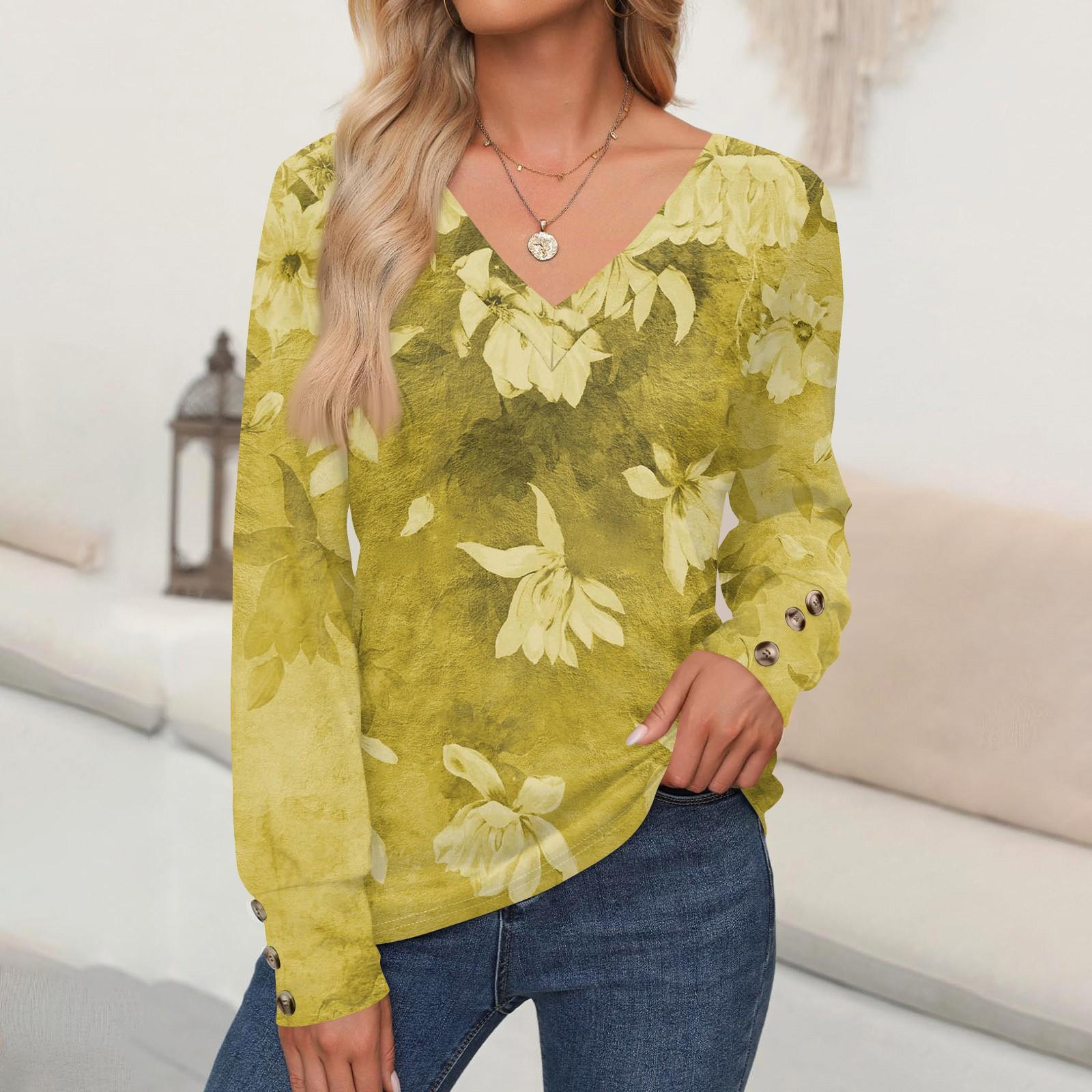 

Женские топы с цветочным принтом, рубашка с длинным рукавом и V-образным вырезом, повседневная свободная футболка, осенняя одежда S киноварь