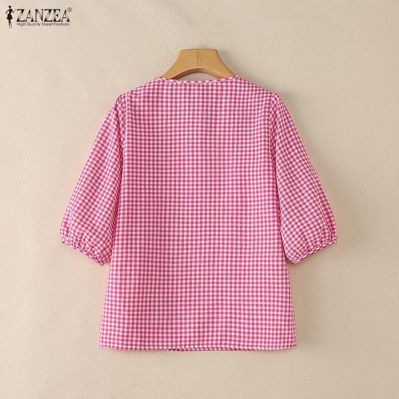 ZANZEA Women Plaid Print Casual Roujnd Neck 3/4 Sleeve Loose Blouse