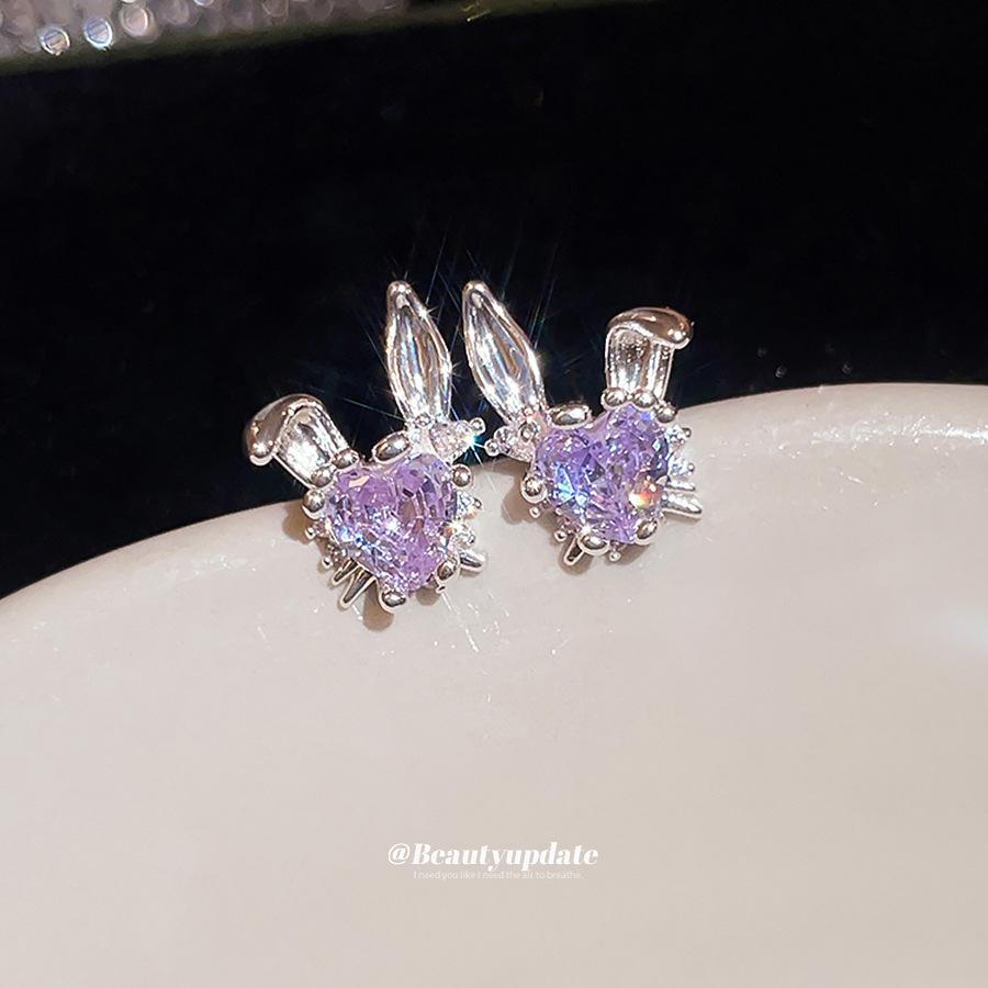 Custom Zircon Heart Rabbit Stud Earrings - Unique Geometric Jewelry for Women