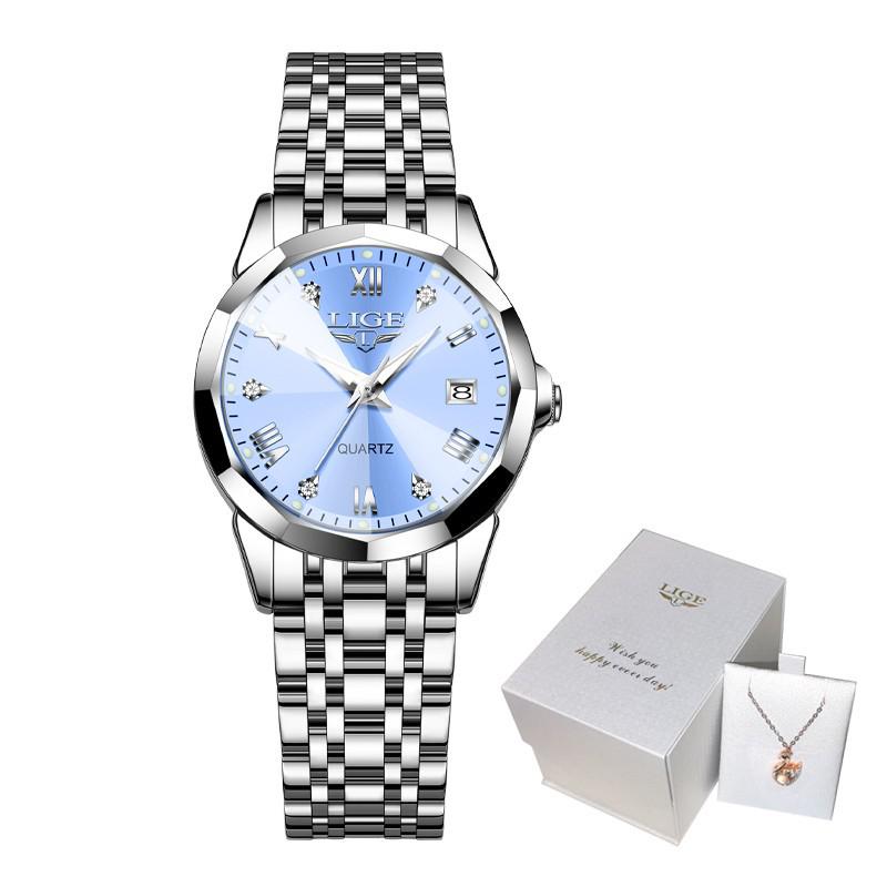 LIGE Fashion Women s Waterproof Rhinestone Steel Band Wristwatch