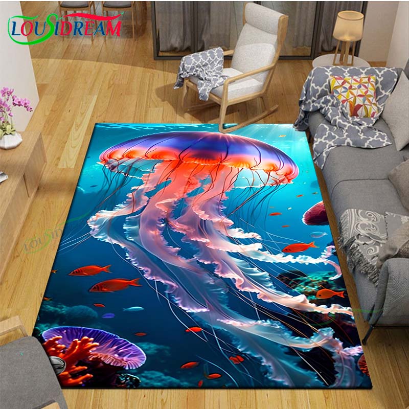 Marine Fish, Sea Turtles, Jellyfish Printed Carpet Outdoor Area Rug Non -slip Carpet Bedroom Decor Carpet for Living Room Gift