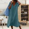Women Casual Long Cotton V Neck Solid Color Simple Style Baggy Dress 1Pc