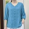 Summer Women's Vintage Embroidery Cotton Linen V-neck Mid Sleeve Casual Loose Fit Women's Clothing