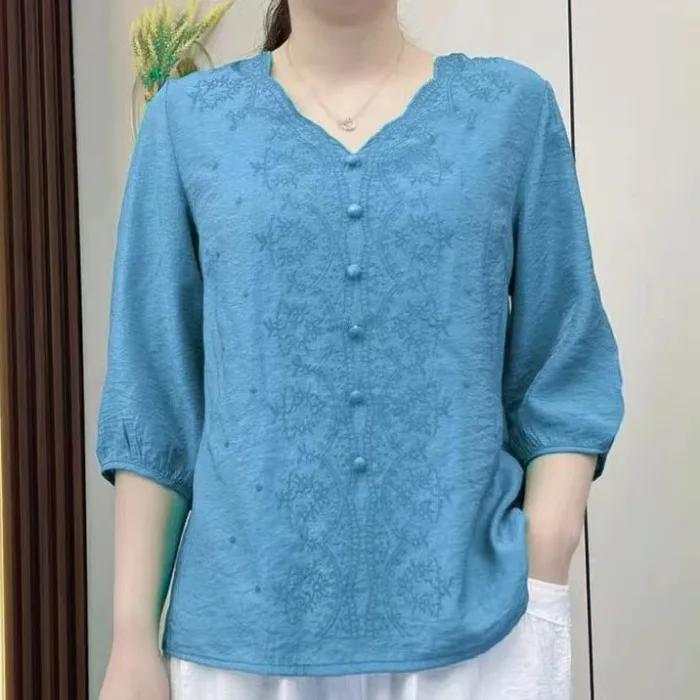 Summer Women's Vintage Embroidery Cotton Linen V-neck Mid Sleeve Casual Loose Fit Women's Clothing