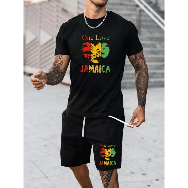 New Summer Daily Casual Men's T-shirt Outdoor Sports Men's Shorts One Love Monogram Printed Men's Short Sleeve Shorts Set