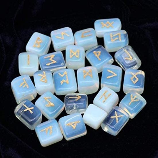 Crocon Opalite Gemstone Rune Stones Set with Elder Futhark Alphabet Engraved Symbol for Chakra Balancing Runes with Pouch :- 20-25 mm App.