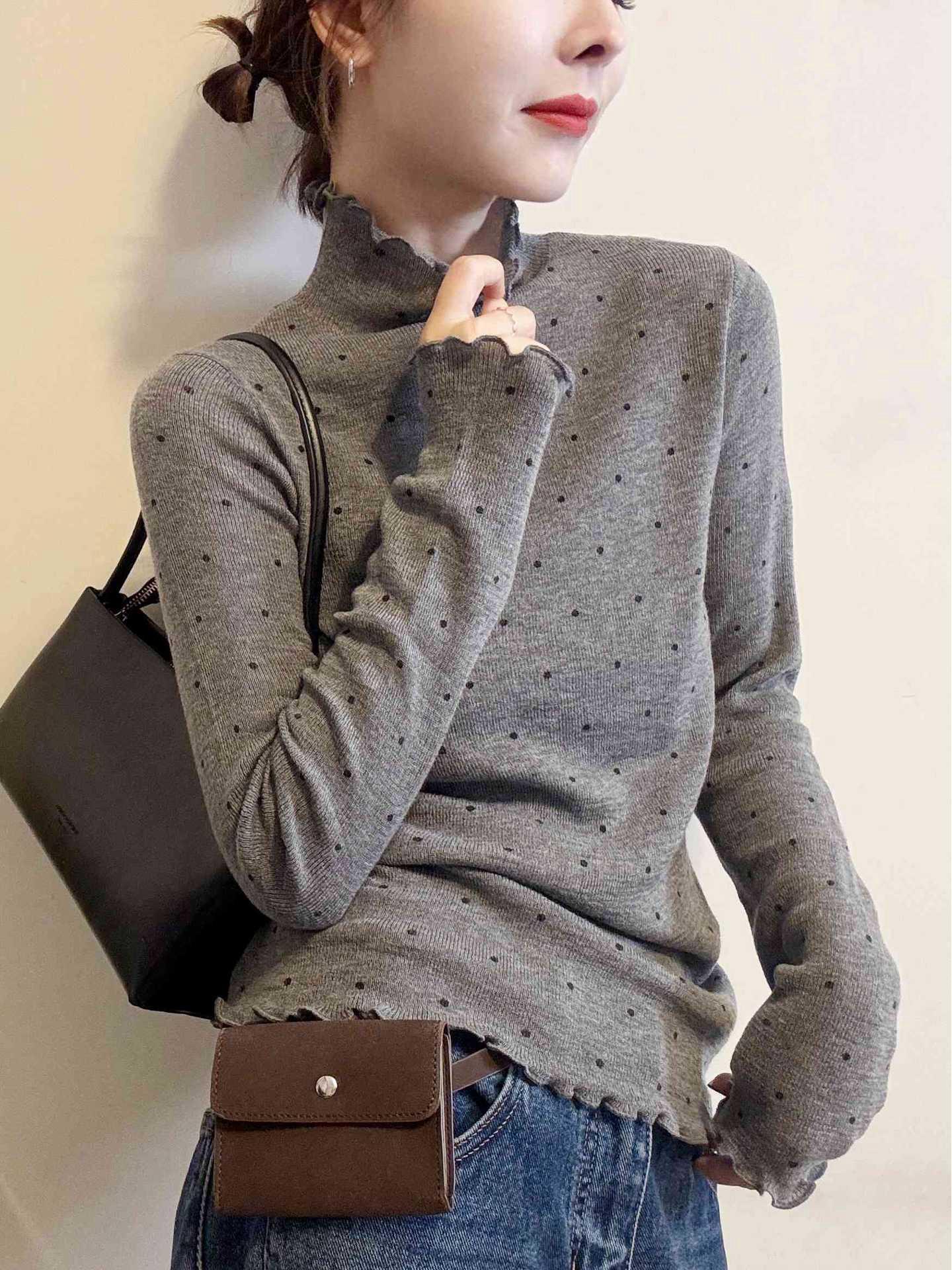 

Brushed Polka Dot Ruffled Knit Top - Women s Slim Fit with Half-High Collar & Long Sleeves for Spring, Autumn, Winter 2026 Small