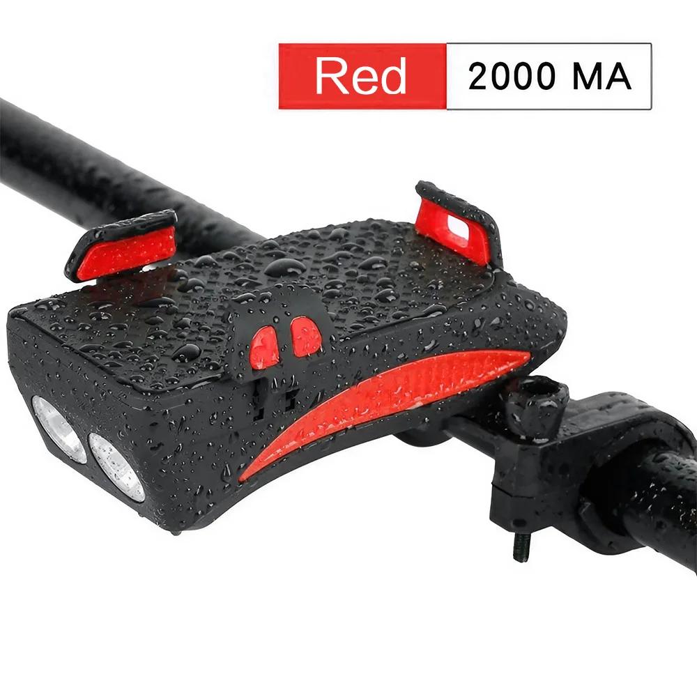 4 In 1 Bike Light Bicycle Light Rechargeable 2000 MAh Multi-function Cycling Head Lamp with Horn Mobile Phone Holder Powerbank
