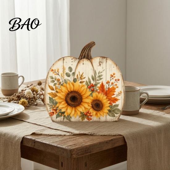 Rustic Wood Craft Decor Thanksgiving Fall Pumpkin Table Decoration, Block Wooden Sign, Autumn Vintage Gift for Home Farmhouse Tabletop Centerpiece