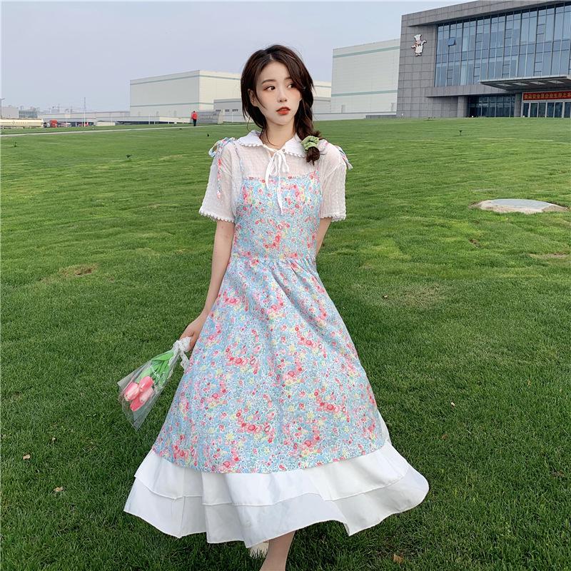 Chic Korean Floral Doll Collar Dress Set with Waist-Cinching Top M