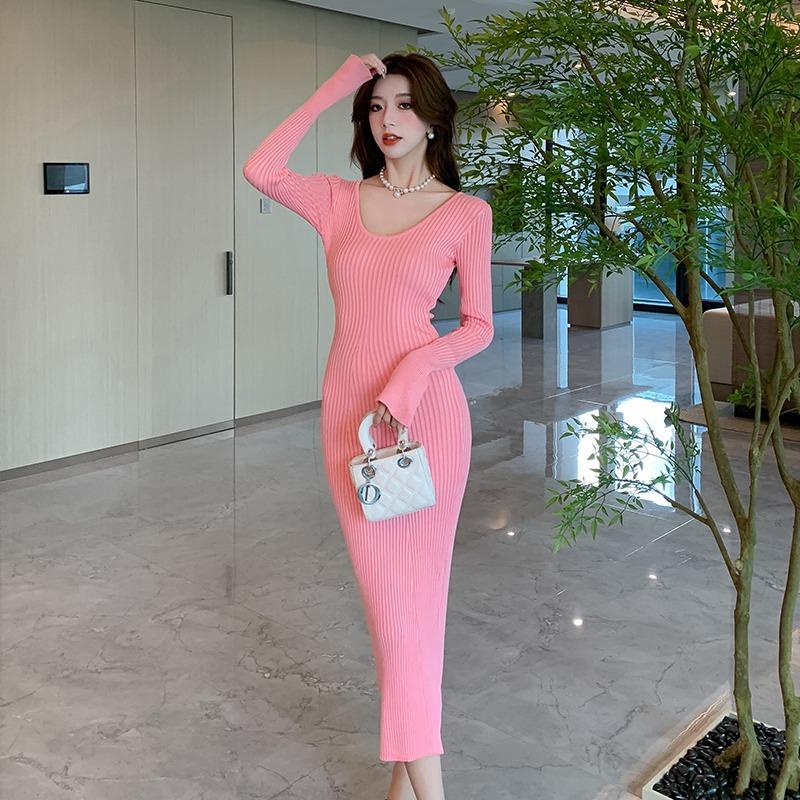 Autumn and Winter New Slim Fit Base Knitted Sexy Dress Women Elegant Mid Length V-neck Sweater Dress Women Solid High Waist Casual Party Dresses 25956