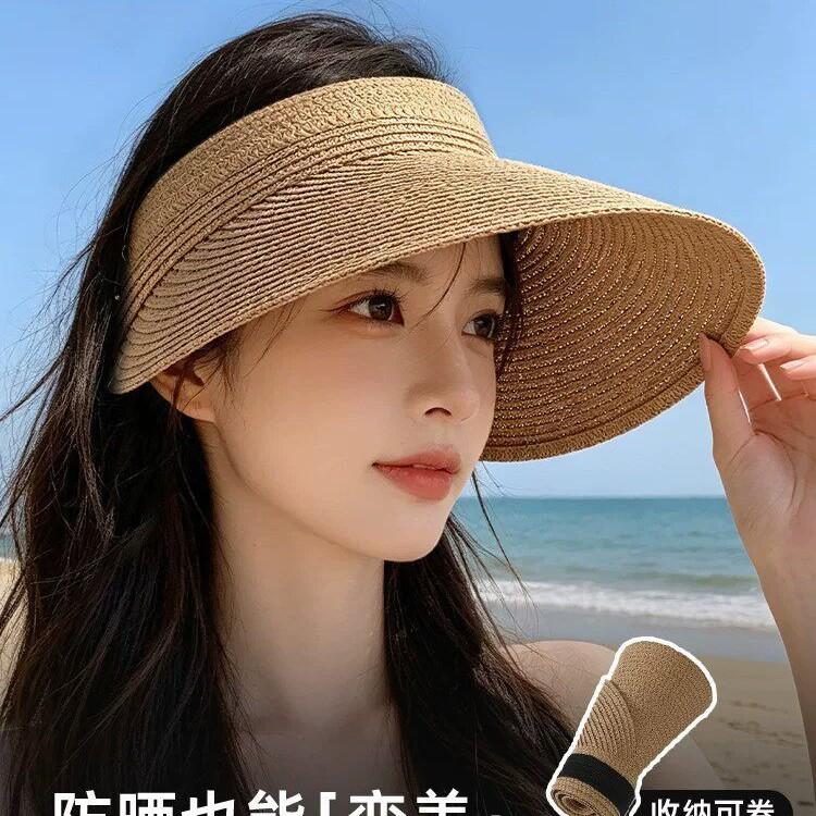 Summer straw woven empty top seaside beach sunscreen hat sun hat women's versatile small fresh adjustable foldable straw hat