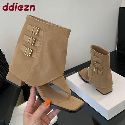 Fashion Fashion Buckle Ladies Ankle Sandals Boots With Heels Shoes Female Open Toe Footwear Slip On Women Short Booties Flip Flops