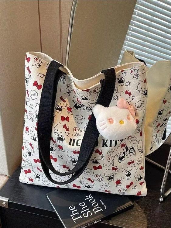 Hello Kitty Cartoon Print Canvas Tragetasche - Koreanischer Lässiger Stil Schulter-Handtasche
