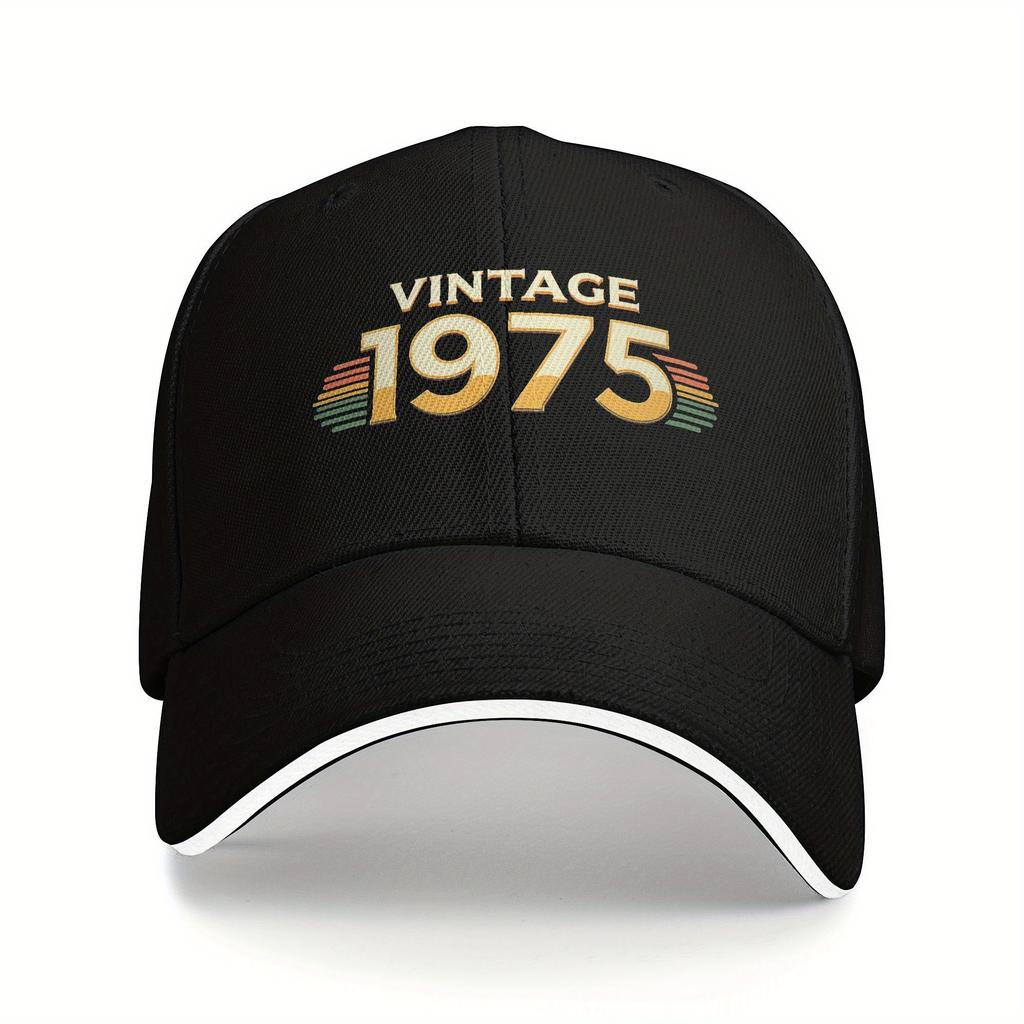 Baseball Cap Vintage 1975 - Black Trucker Dad Hat with Golden & Blue Stripes, Unisex Outdoor Sun Cap, Perfect 50th Birthday Gift