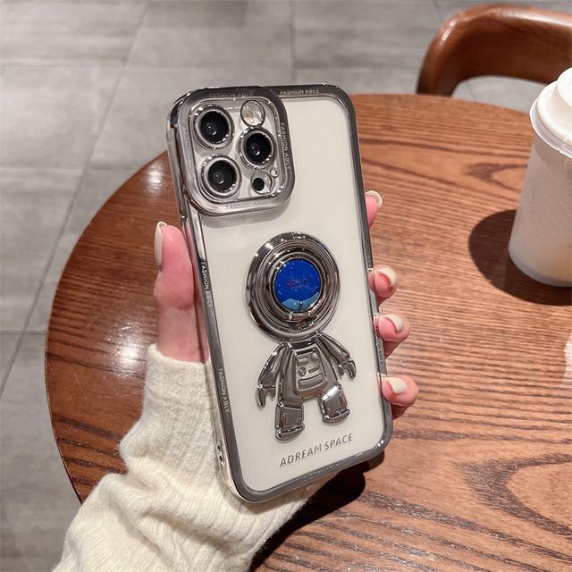 Galvanisierte Astronauten-Ringhalter-Hülle für iPhone 11 12 13 Pro Max X Xr Xs Max Linsenschutz Silikonbeschichtung