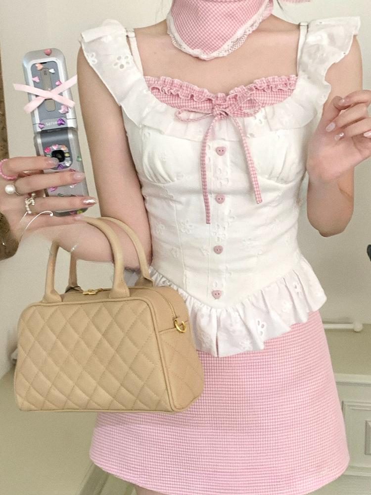 Korea Chic Fake Two-piece Design Sense Shirt Summer New Sweet Lace Shirt Cropped Tops Off Shoulder Sexy Casual Camisole Top