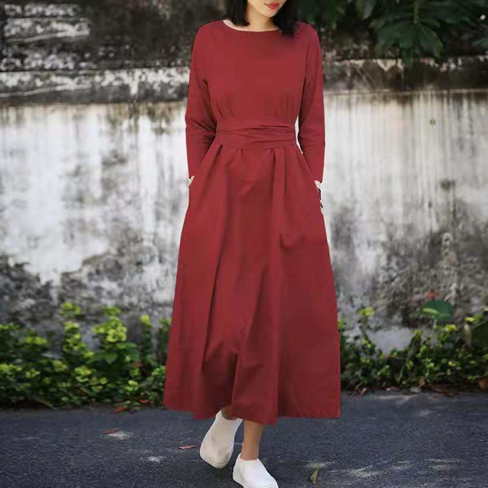 

Женское повседневное свободное платье с круглым вырезом и рукавами три четверти, однотонное платье с завязками XL красный