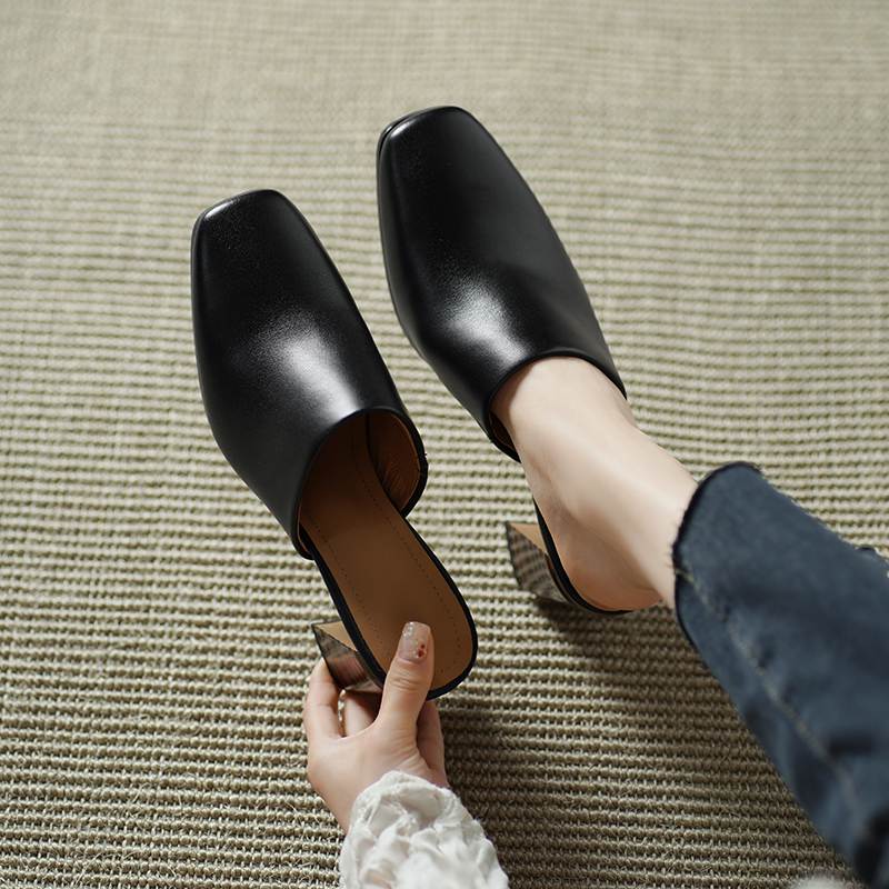Krazing Pot Mules Cow Skin Basic Clothing Spring Summer Size 43 Size 42 Sandals Women Thick Heels Women Square Toe Slip On Pumps