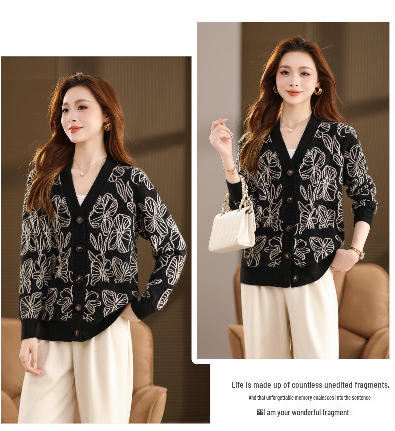 2025 Women's Spring & Autumn Jacquard Knit Cardigan: Casual Loose Sweater Coat