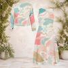 Women Plus Size Abstract Printed Beige Green Brown Two Piece Dress Set Round Neck Long Sleeve Cardigan Sleeveless Midi Dress