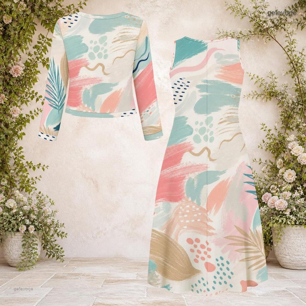 Women Plus Size Abstract Printed Beige Green Brown Two Piece Dress Set Round Neck Long Sleeve Cardigan Sleeveless Midi Dress
